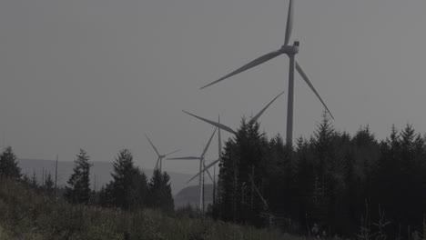 Line-of-wind-turbines-spinning-on-woodland-covered-hills-into-the-distance