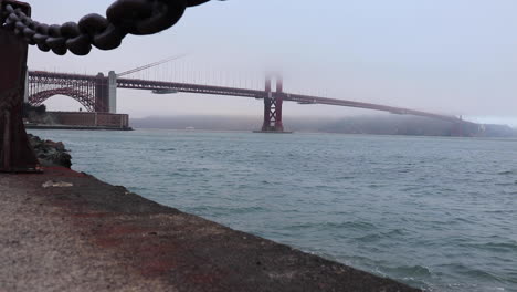Still-view-of-the-Golden-Gate-Bridge-from-the-San-Francisco-Coast-on-a-dreary,-cloudy,-gross,-summer-afternoon