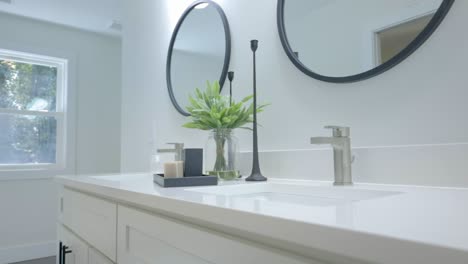 Mid-shot-of-a-modern-all-white-bathroom-with-a-splash-of-green