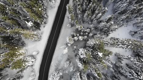 Curvy-windy-road-in-snow-covered-forest,-top-down-aerial-view-3
