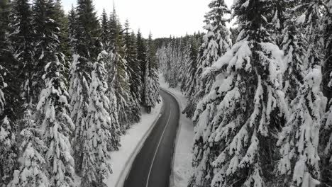 Curvy-windy-road-in-snow-covered-forest,-top-down-aerial-view-5