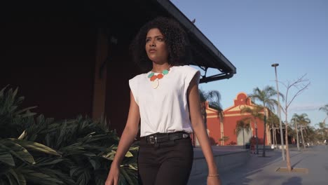Stylish-Focused-Black-Afro-Brazilian-Woman-Walking-With-Purpose,-Slow-Motion