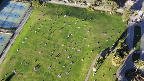 Drone-of-San-Francisco-park-with-6-foot-circles-painted-for-social-distancing