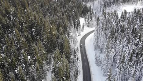 Curvy-windy-road-in-snow-covered-forest,-top-down-aerial-view-6