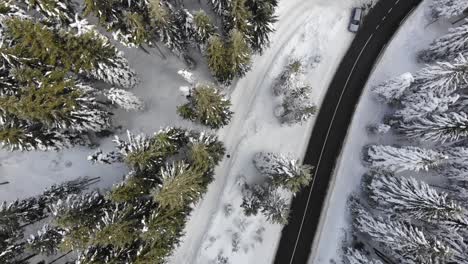 Curvy-windy-road-in-snow-covered-forest,-top-down-aerial-view