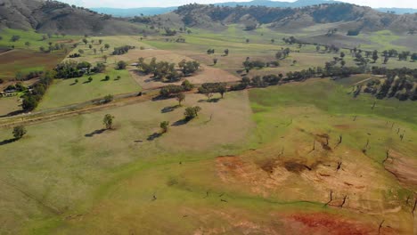Aerial-view-fields,-trees-and-a-road,-near-lake-Hume,-sunny-day,-in-Victoria,-Australia---dolly,-drone-shot