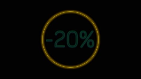 Glowing-Neon-Circle-with-20-Percent-Discount-Isolated-and-in-the-Middle-of-the-Screen-On-Black-Background