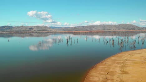 Aerial-drone-view-over-the-reflecting-Hume-lake,-warm,-sunny-day,-in-Australia