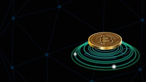 Bitcoin-Swivelling-or-Rotating-in-a-Loop-on-the-Right-of-the-Screen-on-a-Black-Background-and-a-Tech-Grid-with-Space-for-Text-on-the-Left