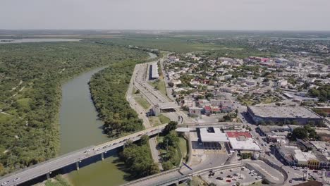 Aerial---International-Bridge,-United-States-Mexico-border,-wide-shot