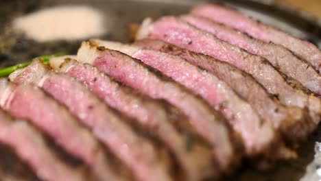 Close-up-shot-of-finished-rib-eye-steak-4K