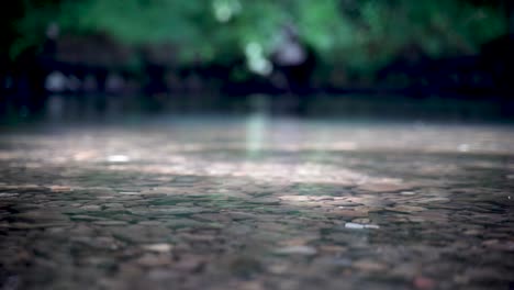 Kristallklares-Flusswasser,-Das-über-Kieselflussbett-Fließt,-Geringe-Schärfentiefe,-Bokeh-Hintergrund