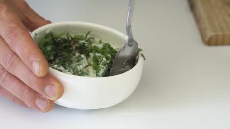 Mixing-herbs-and-yogurt-together-for-dressing-of-meal