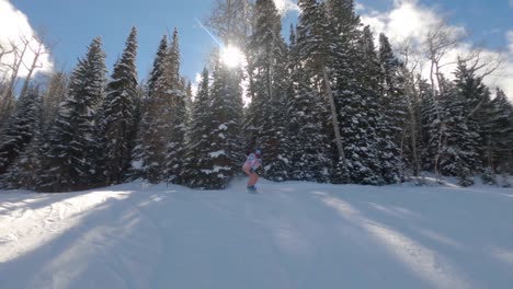 Slow-motion-of-female-snowboarder-riding-down-slope,-white-forest-on-sunny-day,-Aspen,-Colorado