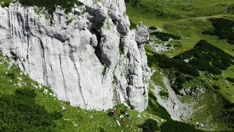 Group-of-friends-Rock-climbing-in-Kamnik-Savinja-Alps,-Korosica,-Slovenia