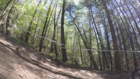 Slow-Motion,-Two-Mountain-Bikers-riding-downhill-at-high-speed-in-forestry-track-landing-from-jump