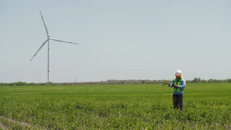 Worker-in-a-field-in-front-of-turbines-from-a-wind-energy-farm,-Mexico