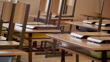 Shot-of-an-abandoned-row-of-tables-and-chairs-in-an-empty-classroom-during-a-pandemic