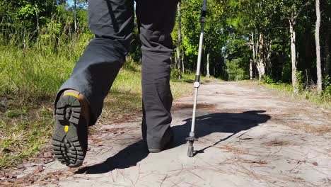 Low-angle-view-of-hiker-trekking-in-the-forest-with-stick