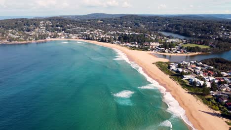 Drone-aerial-pan-shot-of-North-Avoca-Bird's-eye-landscape-view-Avoca-Channel-Central-Coast-Tourism-NSW-Australia-4K