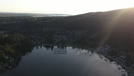 Aerial-view-above-deep-cove-marina-in-North-Vancouver,-British-Columbia,-Canada