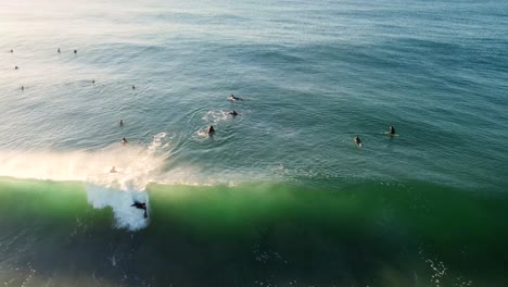 Drone-aerial-shot-of-bodysurfing-hand-board-surfing-beach-break-wave-North-Entrance-Central-Coast-NSW-Australia-4K