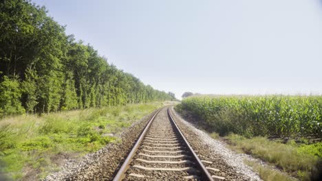 Train-track-between-forest-and-corn-field-in-Poland-Europe-during-summer-in-4K
