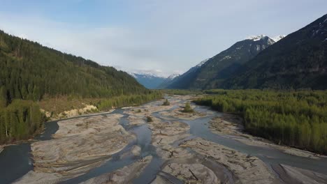 Magnificent-aerial-view-of-the-river-in-Pemberton-meadows,-British-Columbia