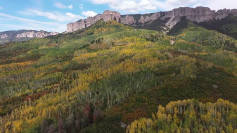 Colorful-green-and-yellow-aspen-covered-hillsides-and-rocky-mountain-peaks-seen-on-a-beautiful-blue-sky-autumn-day-in-Colorado-near-Owl-Creek-Pass