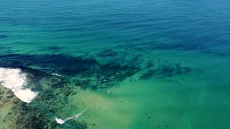 Drone-aerial-fly-over-shot-of-crystal-clear-water-with-surfers-in-Shelly-Beach-Pacific-Ocean-scenery-Central-Coast-NSW-Australia-4K