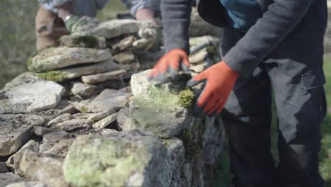 Man-hands-only-building-dry-stone-wall,-placing-stones-to-make-wall