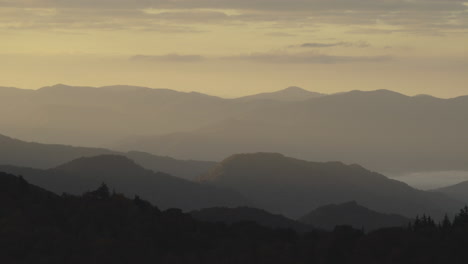 Pan-across-mountain-range,-sunset-over-Appalachian-mountain-range