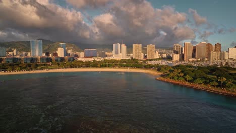 A-establishing-shot-of-Waikiki-Skyline-and-the-ala-moana-beach-park-during-golden-hour
