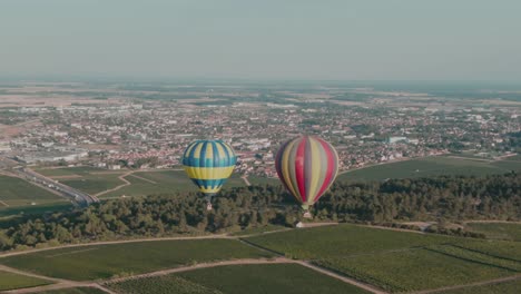 4k-Aerial-hot-air-balloons-above-vineyard-with-city-in-background-Drone-Truck-left-to-right