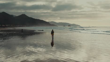 4k-Aerial-person-walking-on-the-beach-with-hills-in-background-and-wet-sand