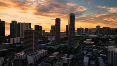 A-wide-aerial-shot-of-the-city-of-Honolulu-during-sunset