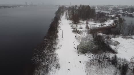 Establishing-Aerial-View-shot-of-Daugava-Latvia-drone-helicopter-during-amazing-smoke-in-October