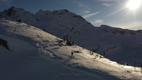 Skifahrerin,-Die-An-Einem-Sonnigen-Nachmittag-Mit-Ihrem-Hund-Den-Berg-Hinaufklettert
