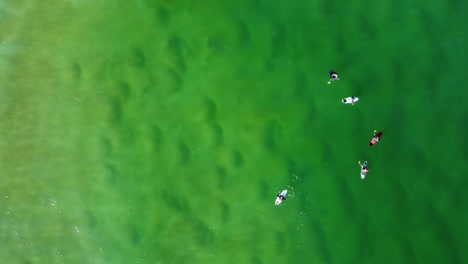 Aerial-drone-bird's-eye-view-of-surfers-on-crystal-clear-ocean-sandbank-waiting-for-waves-NSW-Avoca-Central-Coast-Australia-4K