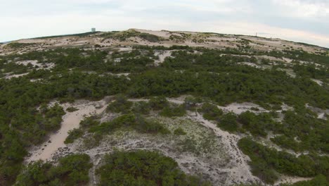 Picturesque-aerial-shot-of-landscape-with-lush-green-foliage,-white-soft-sand-dunes,-and-trails-leading-to-the-Atlantic-Ocean