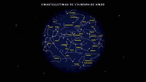 Animation,-Die-Sternkonstellationen-Zeigt,-Die-Von-Der-Nördlichen-Oder-Nördlichen-Hemisphäre-Aus-Sichtbar-Sind,-Für-Astronomische-Oder-Naturwissenschaftliche-Schulklassen-Mit-Einem-Französischen-Titel