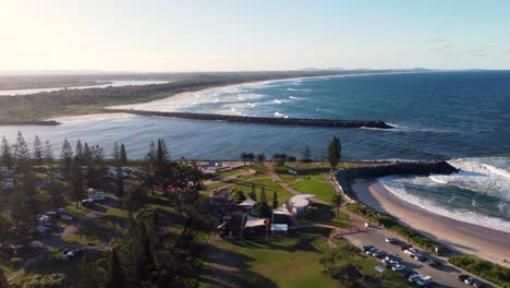 Drone-aerial-landscape-view-of-Hastings-river-Port-Macquarie-rural-town-tourism-travel-Town-beach-Mid-North-Coast-Hastings-River-NSW-Australia-4K
