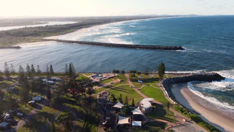 Drone-aerial-shot-of-Port-Macquarie-Hastings-river-scenery-landscape-inlet-town-beach-skatepark-Mid-north-coast-tourism-NSW-Australia-4K