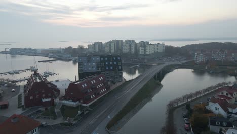 Aerial-view-of-the-new-houses-in-Khilstroms-kaj-in-the-naval-city-of-Karlskrona,-Sweden