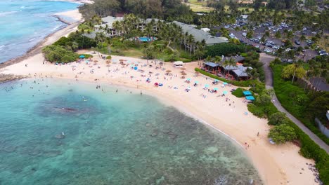 Cinematic-drone-shot-of-a-beautiful-scenic-Tropical-beach-with-lots-of-people,-turtle-bay-coastline