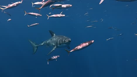 Tracking-shot-of-a-great-white-shark-swimming