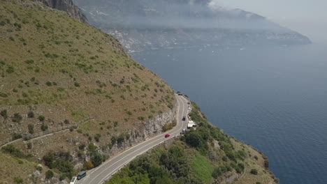 Rising-aerial-view-of-dramatic-Amalfi-coast-road
