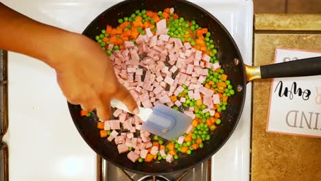 Saut-ing-vegetables-and-ham-in-a-frying