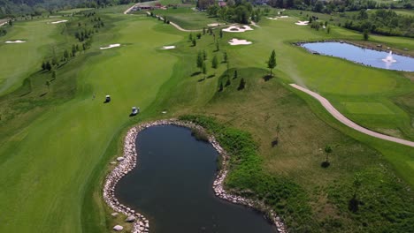 Aerial-drone-view-of-golf-course-pond-and
