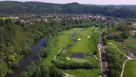 Aerial-drone-view-of-golf-course-near-Kacov